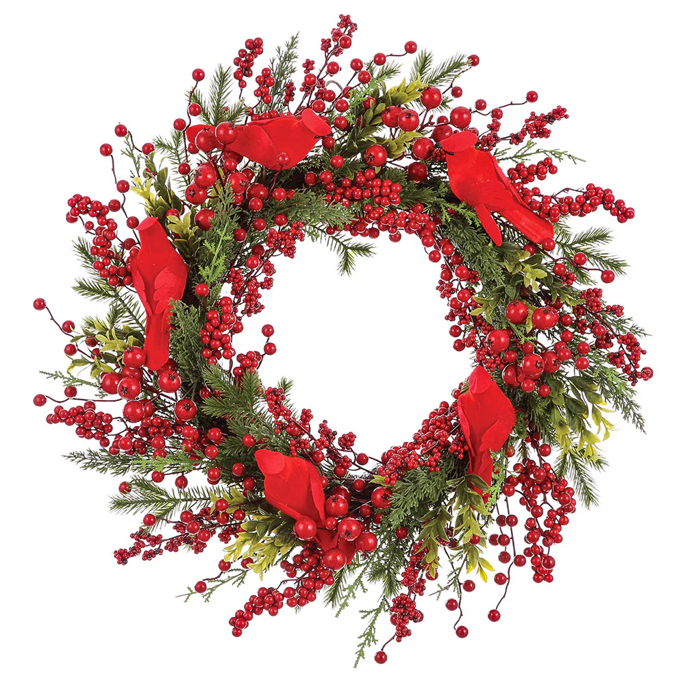 24" Artificial Cardinal, Berry & Pine Wreath -Red/Green (Pack of 4)
