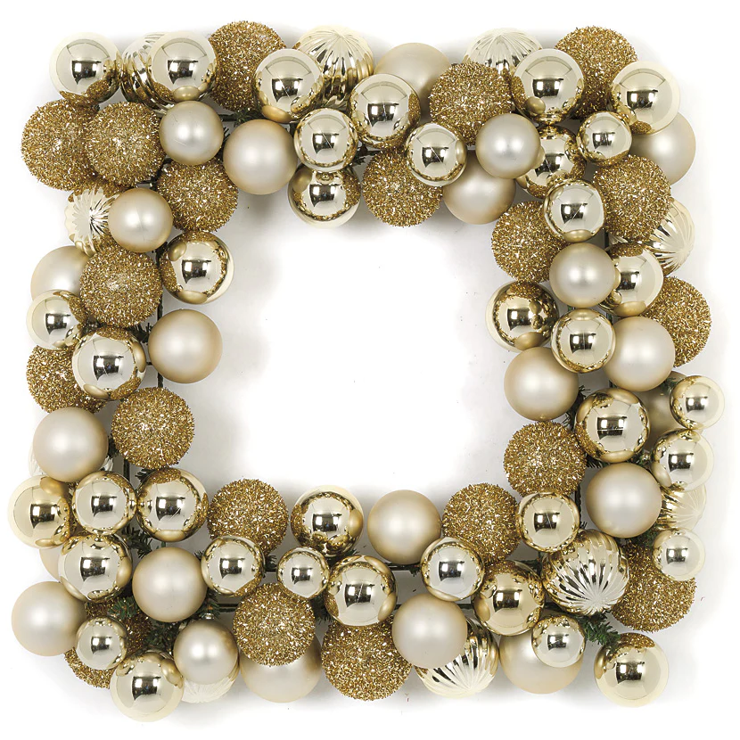 24" Artificial Mixed Plastic Ball Square-Shaped Wreath -Gold