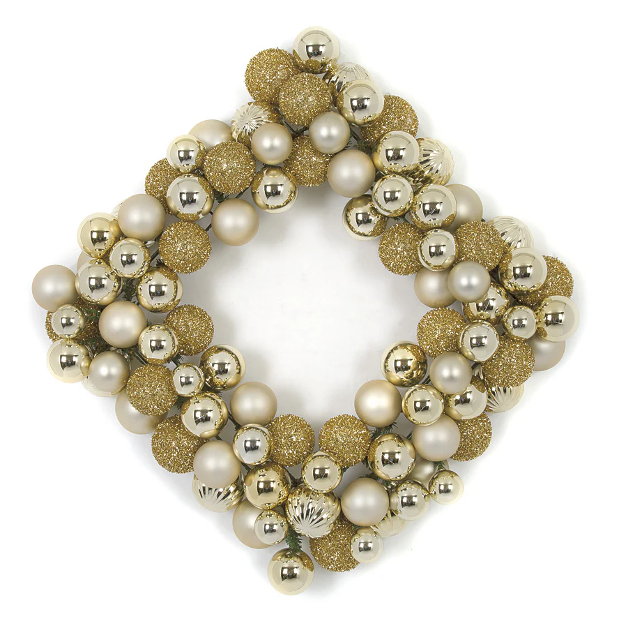 24" Artificial Mixed Plastic Ball Square-Shaped Wreath -Gold - Image 2