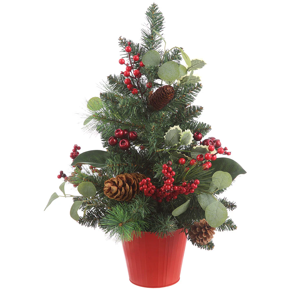 24" Berry, Holly, Pinecone & Tinsel Artificial Arrangement w/Pot -Red/Green