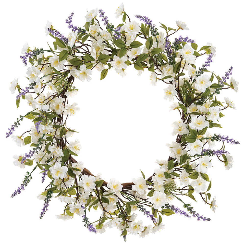 24" Cherry Blossom & Lavender Silk Flower Wreath -Cream/Lavender (Pack of 2)