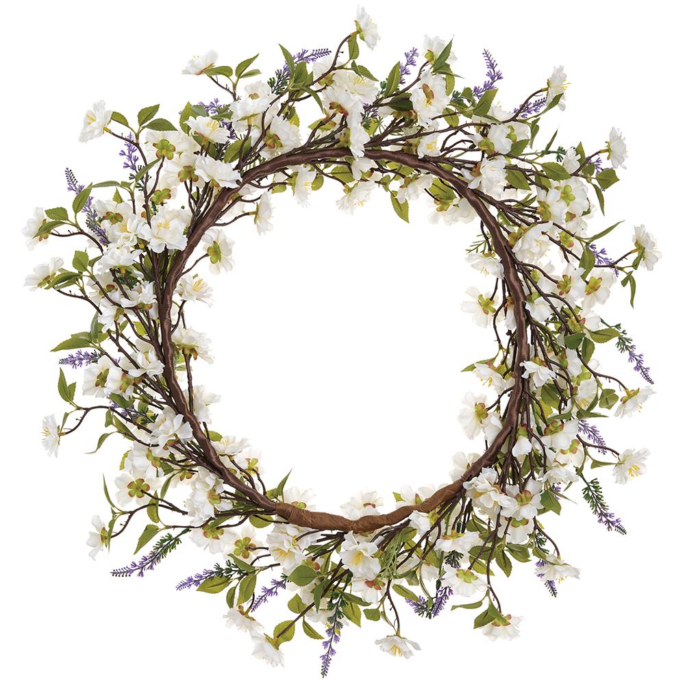 24" Cherry Blossom & Lavender Silk Flower Wreath -Cream/Lavender (Pack of 2) - Image 2