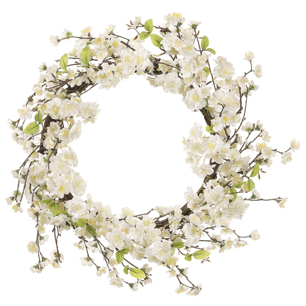 24" Cherry Blossom Silk Flower Wreath -White (Pack of 2)
