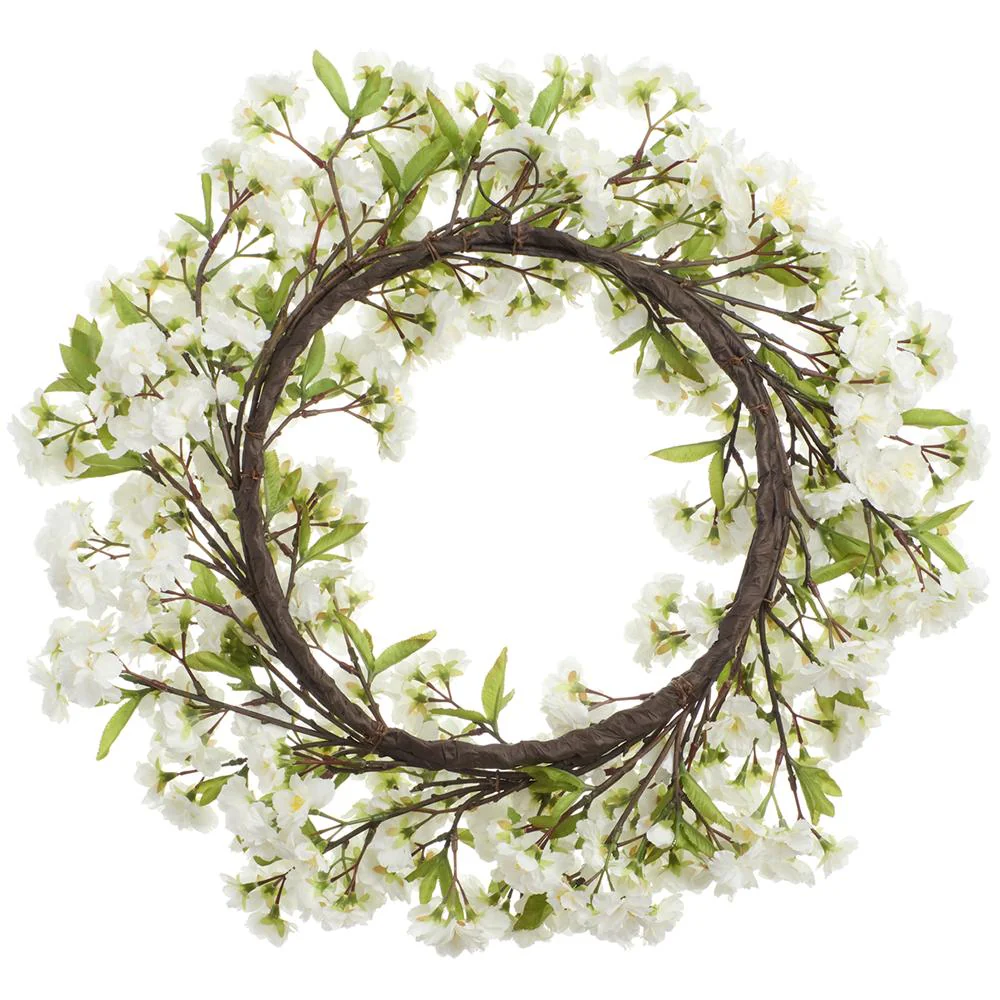 24" Cherry Blossom Silk Flower Wreath -White (Pack of 2) - Image 4