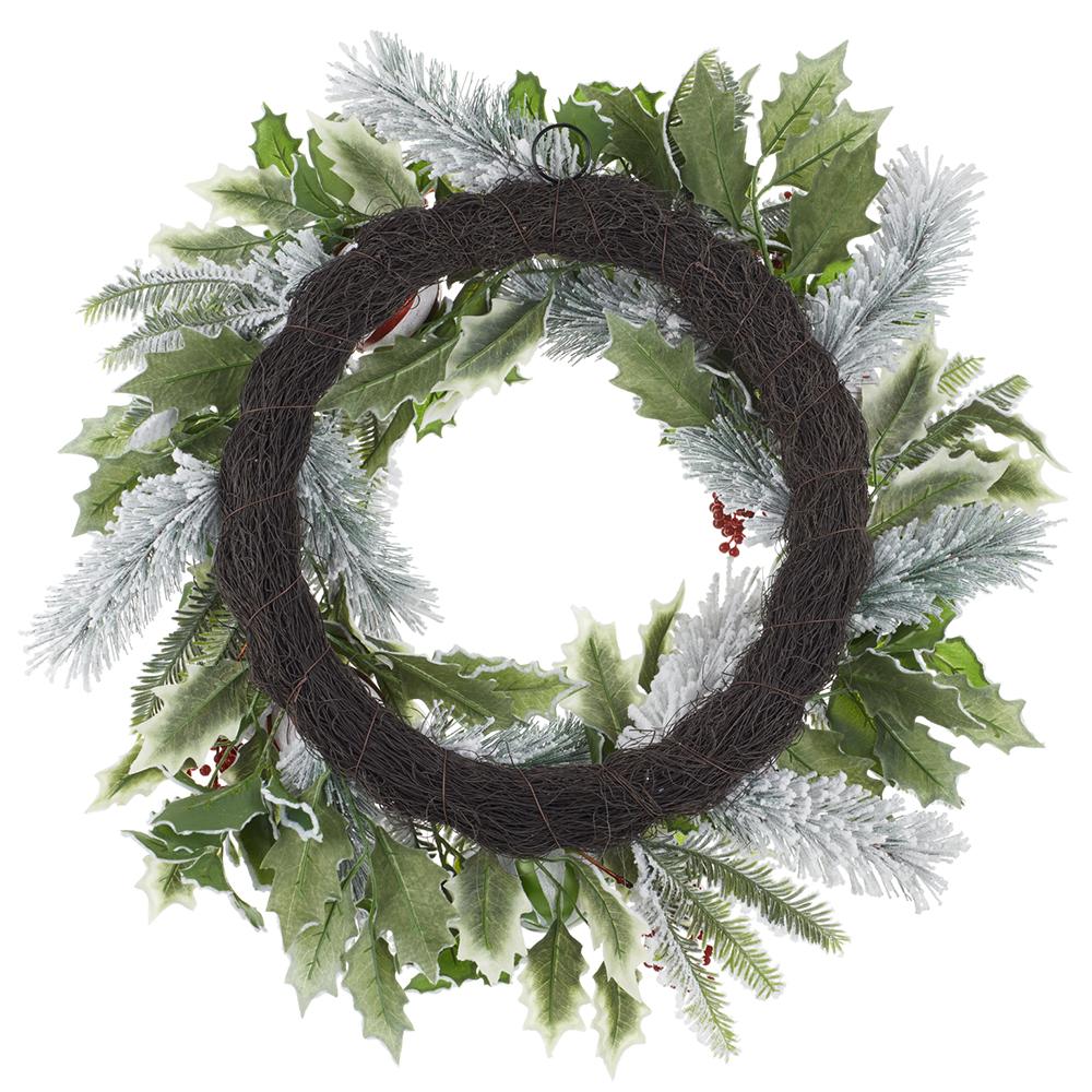 24" Flocked Artificial Holly Leaf, Ball & Pine Wreath -Green/Red (Pack of 4) - Image 2