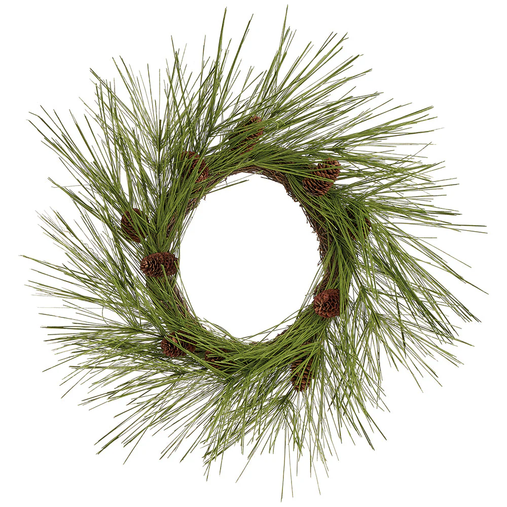 24" Flocked Artificial Long Needle Pine & Pinecone Wreath -Brown/Green (Pack of 6)