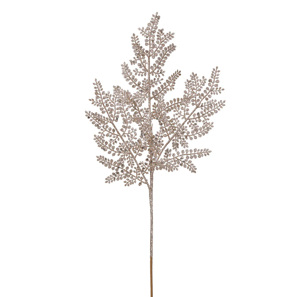 24" Glittered Artificial Fern Leaf Stem -Champagne (Pack of 12)