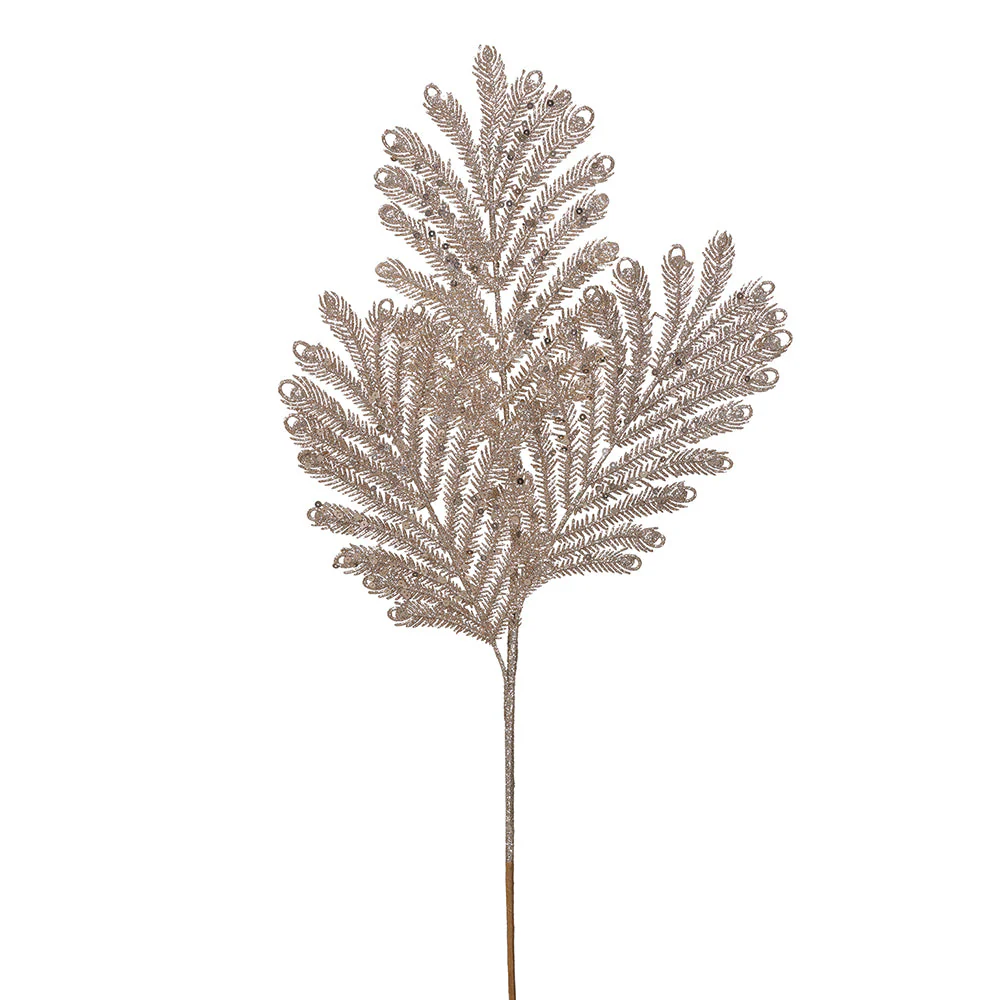 24" Glittered Artificial Plastic Peacock Stem -Champagne (Pack of 12)