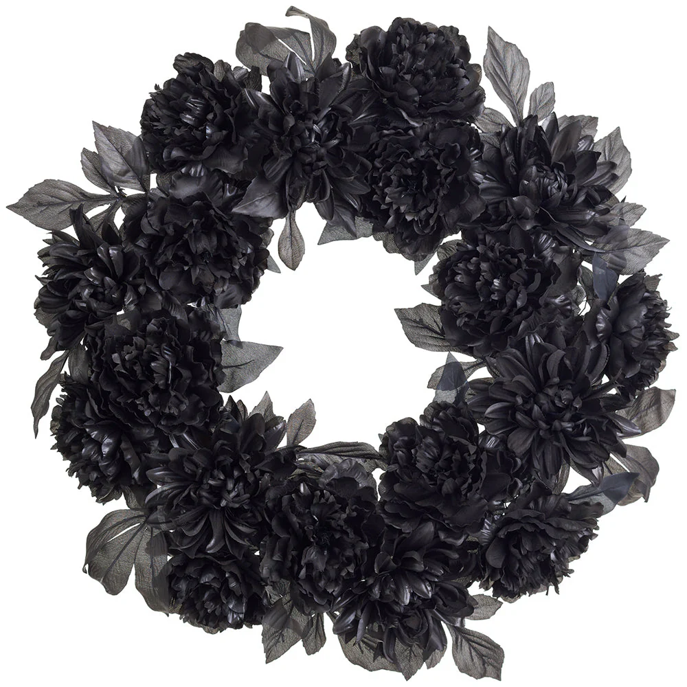 24" Halloween Mum & Peony Silk Flower Wreath -Black (Pack of 4)