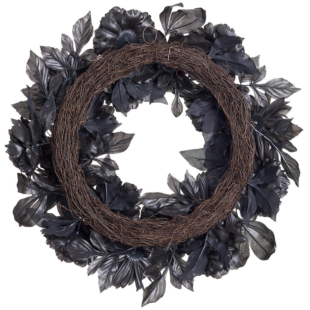 24" Halloween Mum & Peony Silk Flower Wreath -Black (Pack of 4) - Image 2