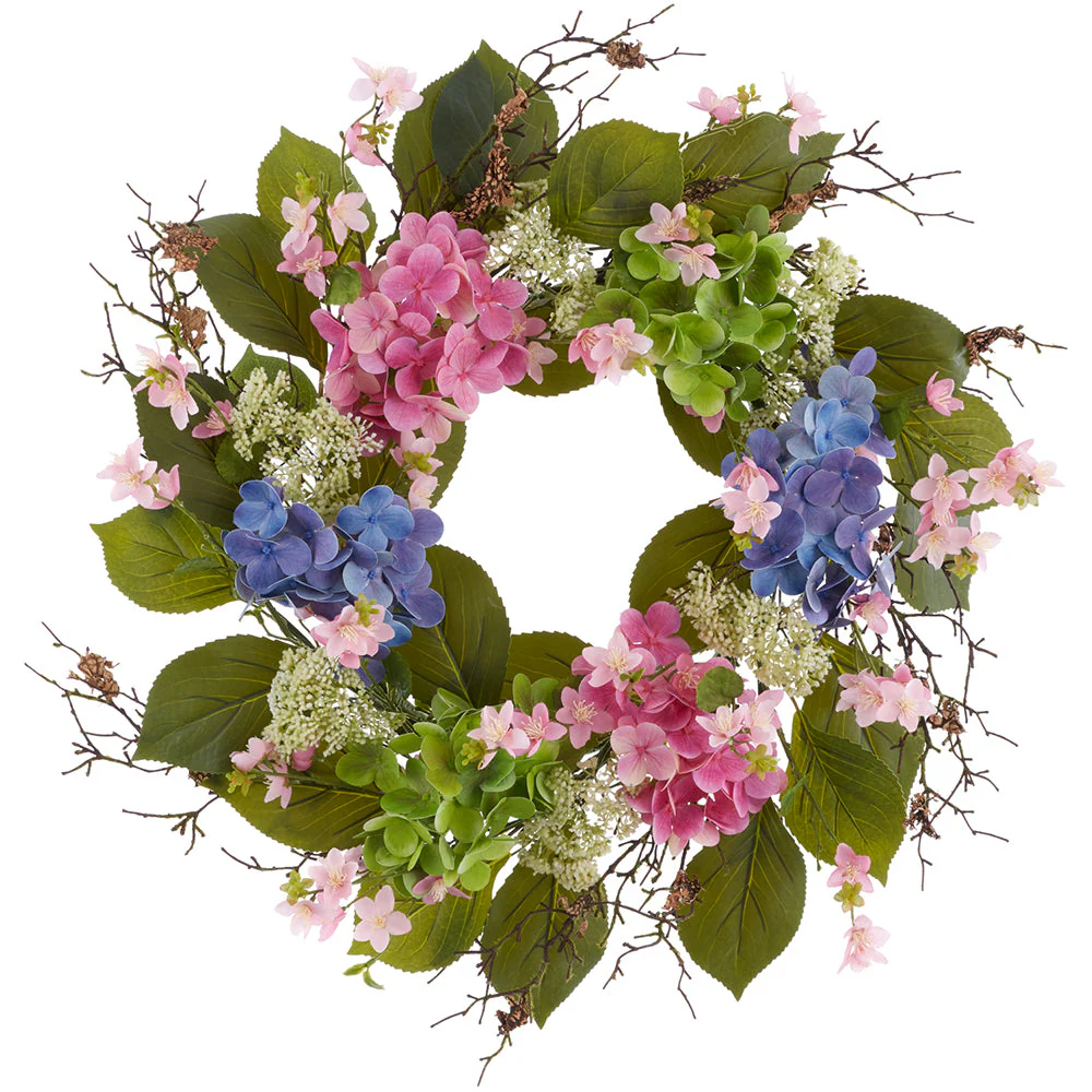 24" Hydrangea, Blossom & Queen Anne's Lace Silk Flower Wreath -Mixed Colors (Pack of 2)