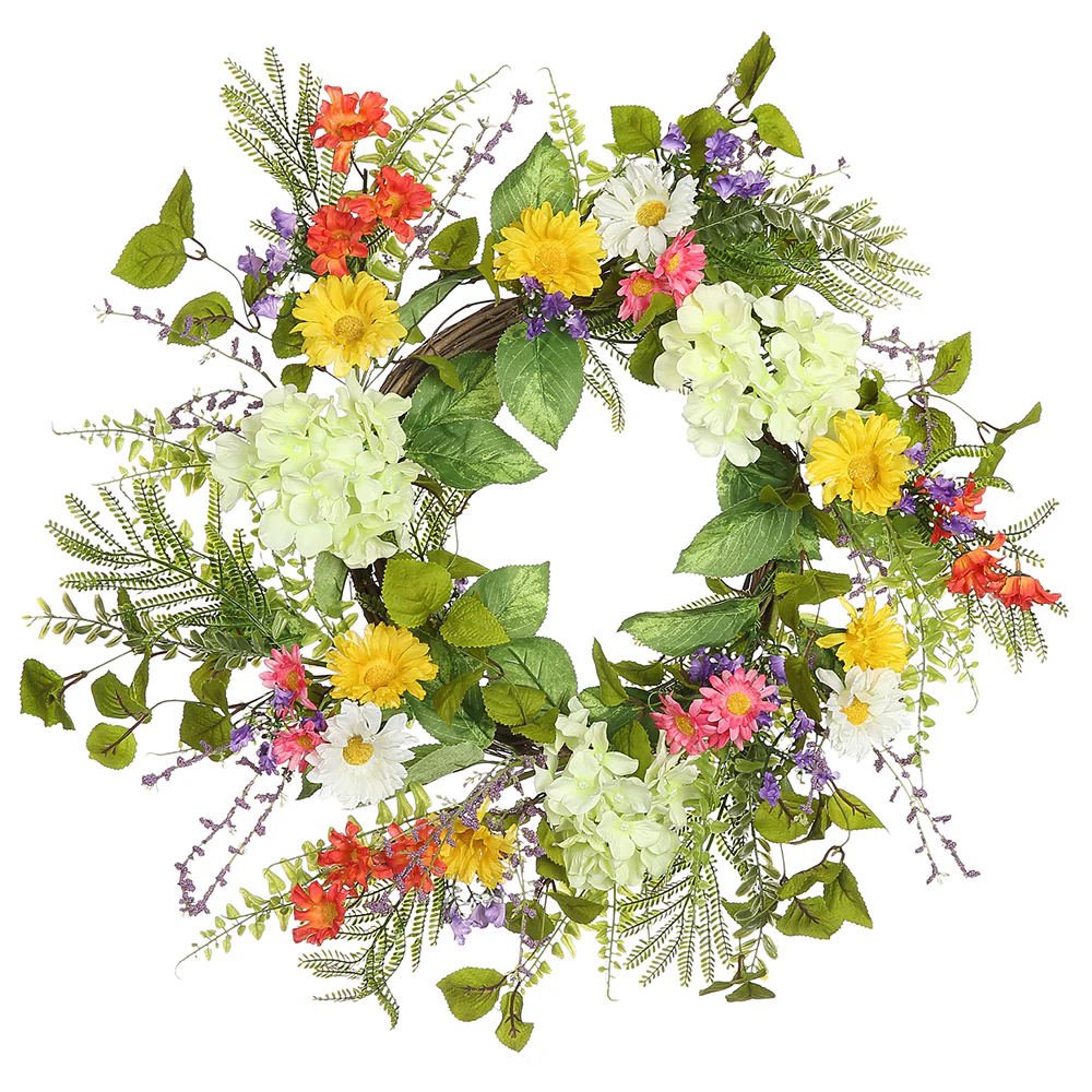 24" Hydrangea, Daisy & Fern Silk Flower Wreath -Mixed Colors (Pack of 2)
