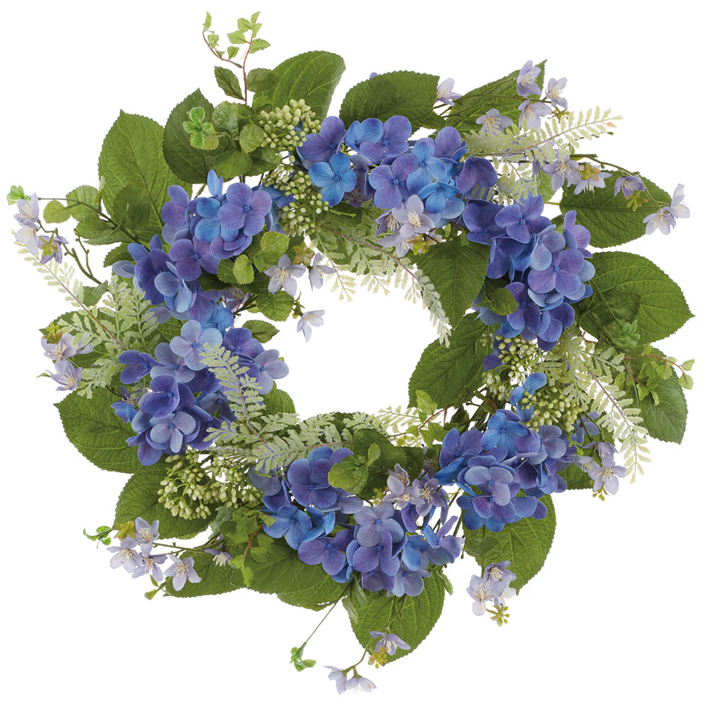 24" Hydrangea, Rose Myrtle & Mint Leaf Silk Flower Wreath -Helio (Pack of 2)