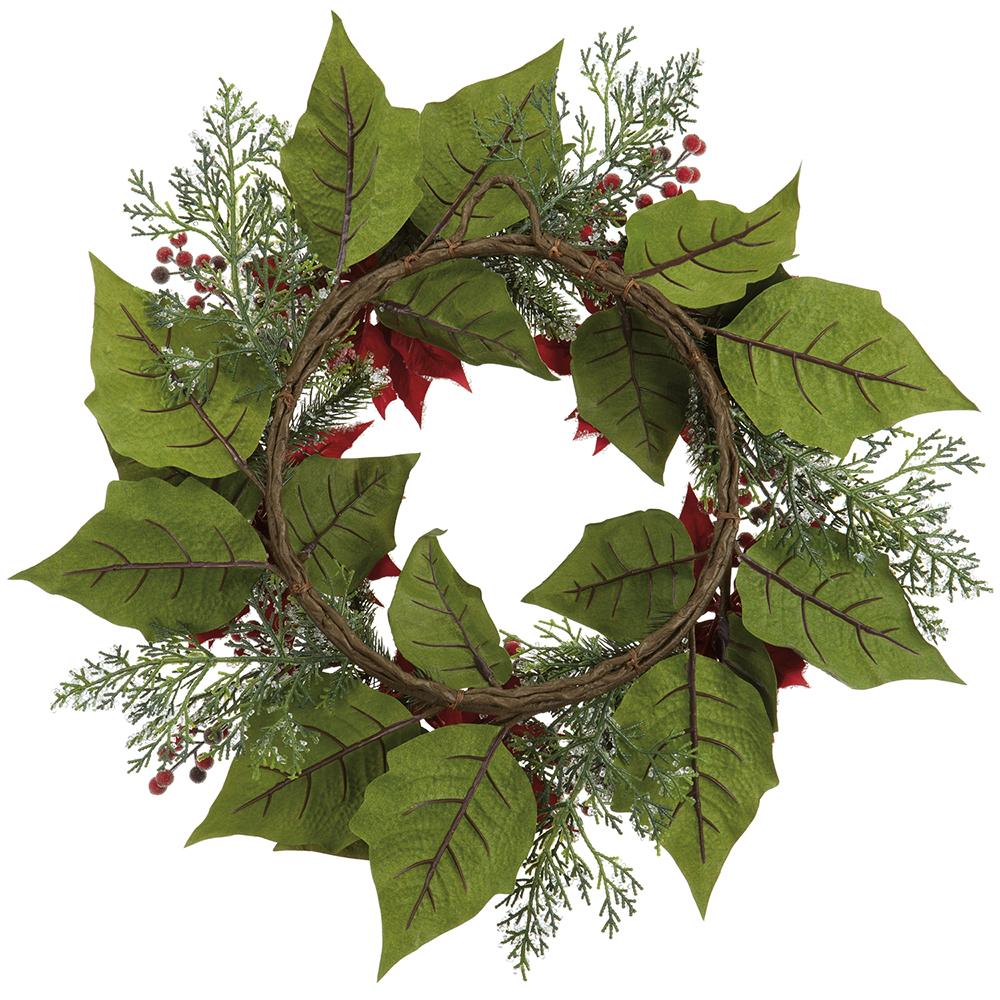 24" Iced Artificial Poinsettia Flower, Berry, Pinecone & Pine Wreath -Red (Pack of 2) - Image 2