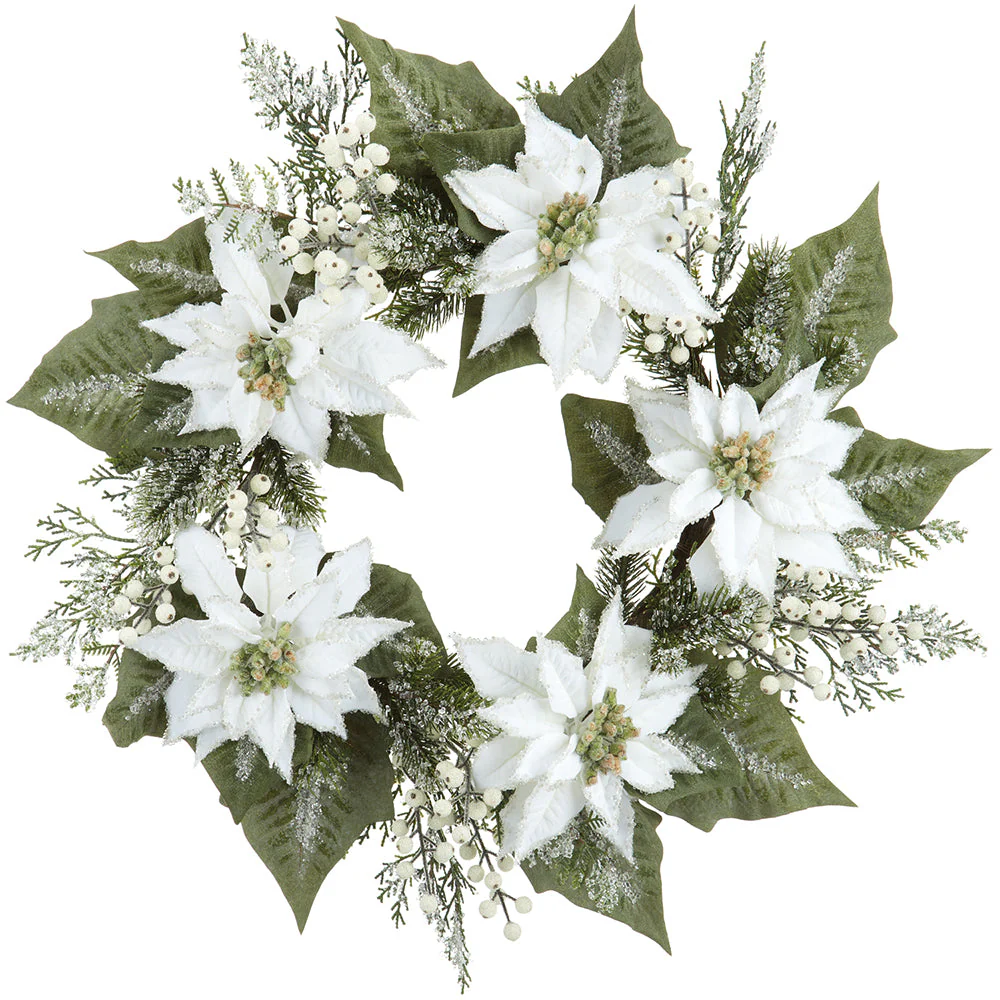 24" Iced Artificial Poinsettia Flower, Berry, Pinecone & Pine Wreath -White (Pack of 2)