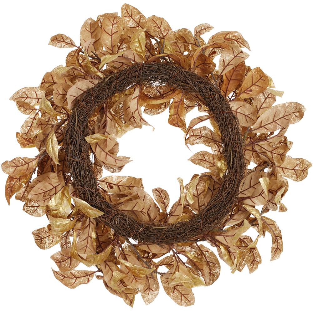 24" Metallic Artificial Magnolia Leaf Wreath -Gold (Pack of 4) - Image 2