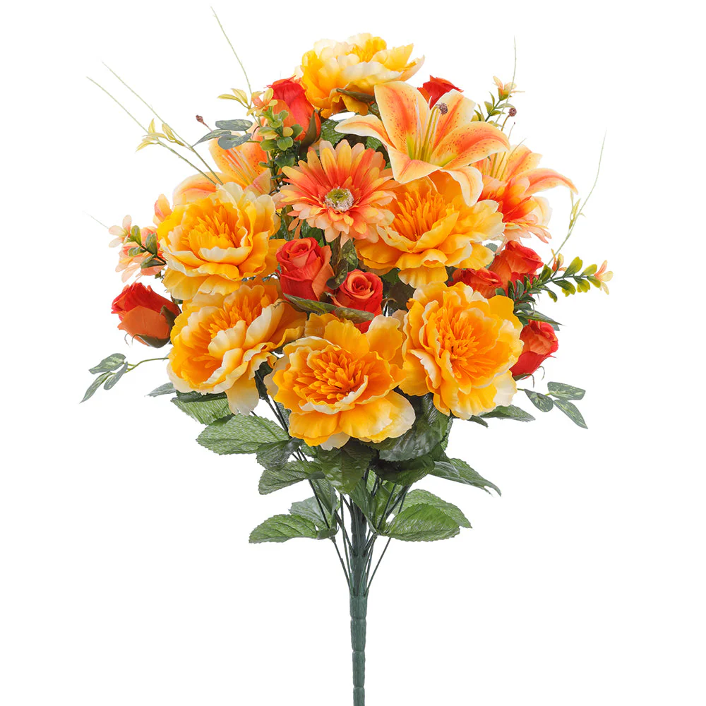 24" Mixed Peony, Rose & Lily Silk Flower Bush -Yellow/Orange (Pack of 6)