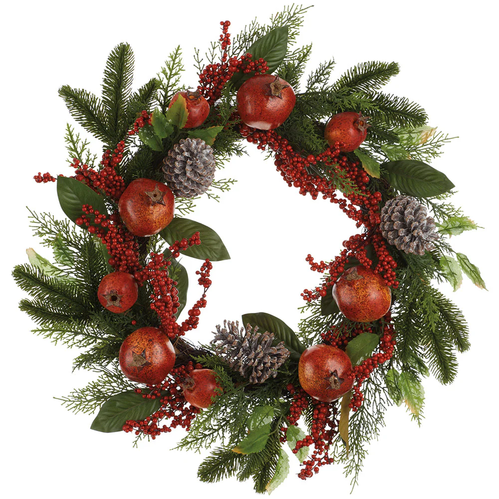 24" Mixed Pomegranate, Pinecone & Pine Artificial Wreath -Burgundy/Green