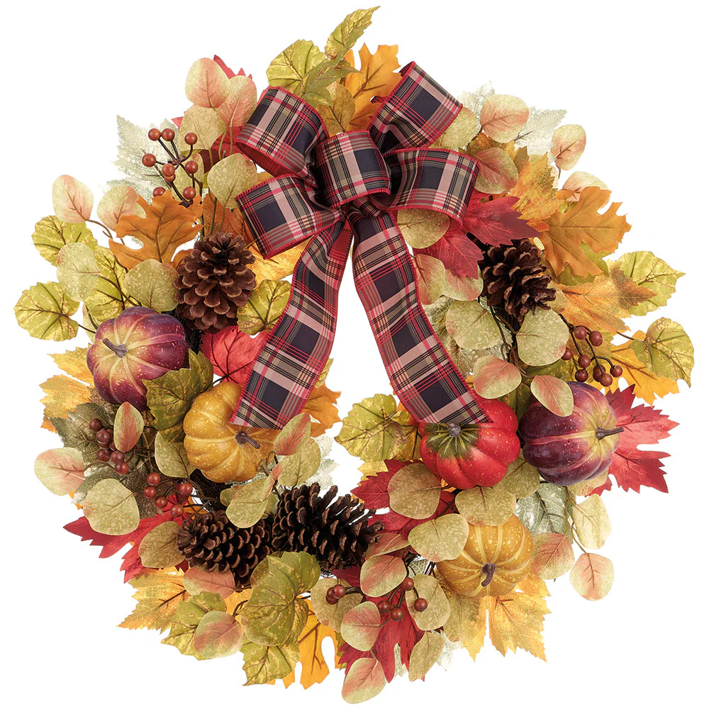 24" Pumpkin, Pinecone & Maple Leaf Artificial Wreath -Fall (Pack of 4)