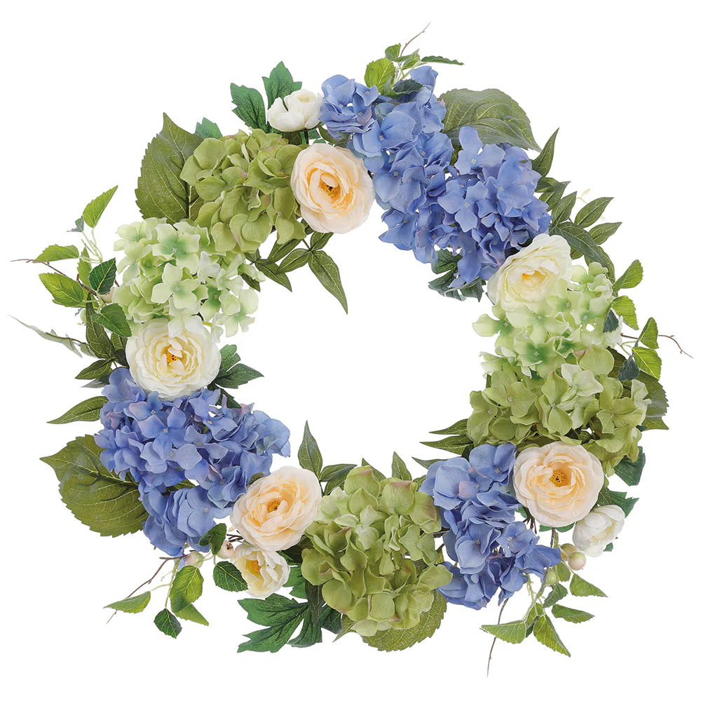 24" Silk Hydrangea Flower Wreath -Green/Blue (Pack of 2)
