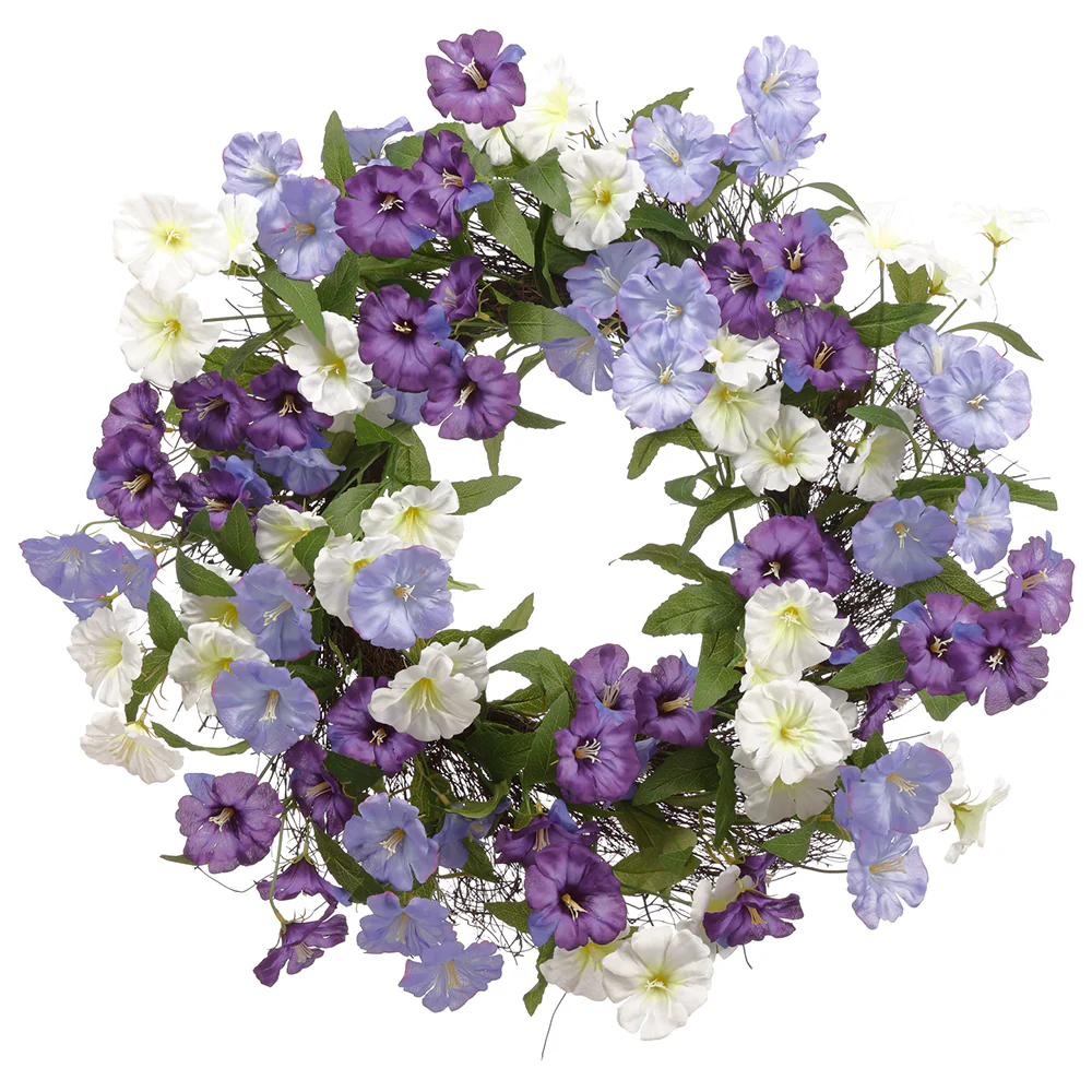 24" Silk Morning Glory Flower Wreath -Purple/White (Pack of 4)