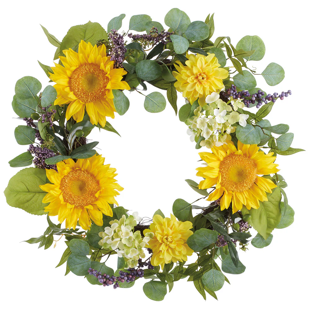 24" Sunflower, Dahlia & Eucalyptus Leaf Silk Flower Wreath -Yellow/Green