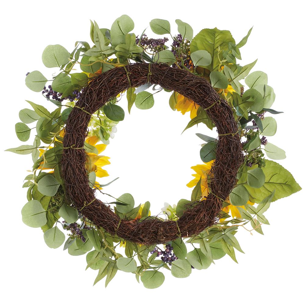 24" Sunflower, Dahlia & Eucalyptus Leaf Silk Flower Wreath -Yellow/Green - Image 2