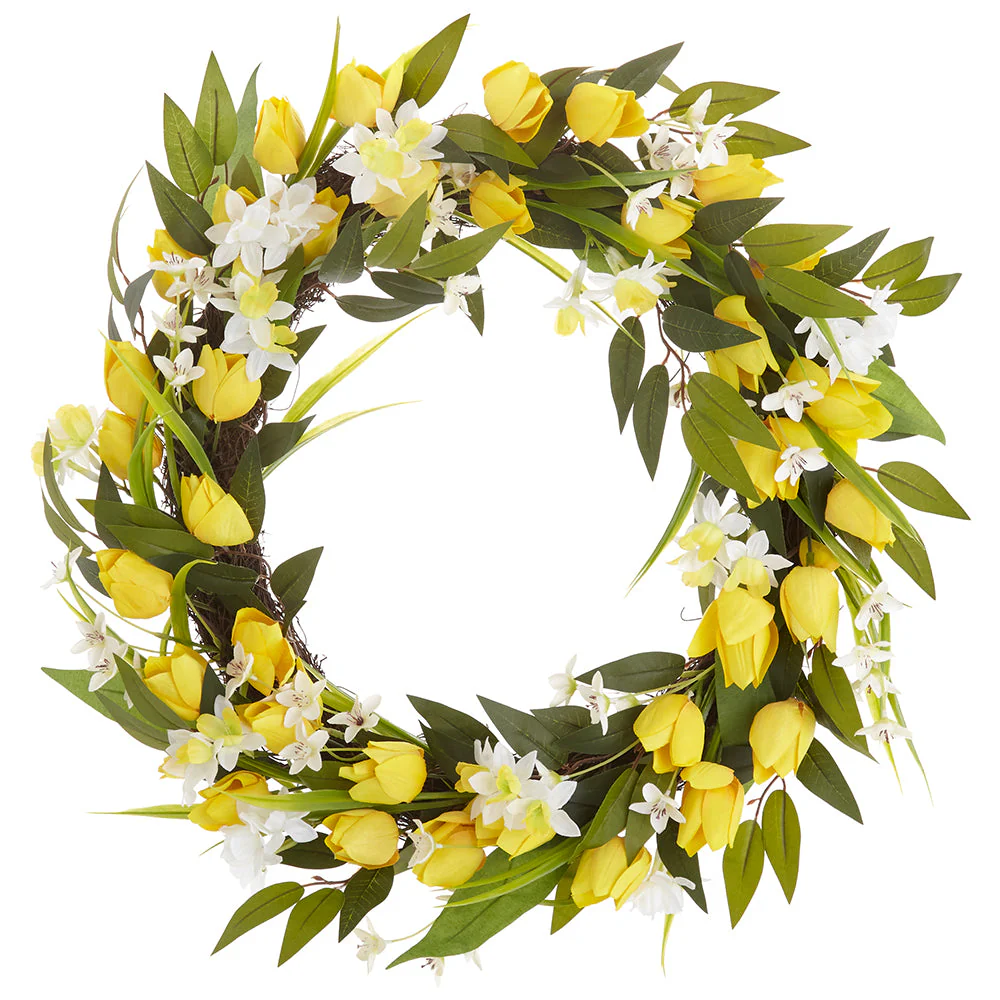 24" Tulip & Narcissus & Twig Silk Flower Wreath -Yellow/Cream (Pack of 4)