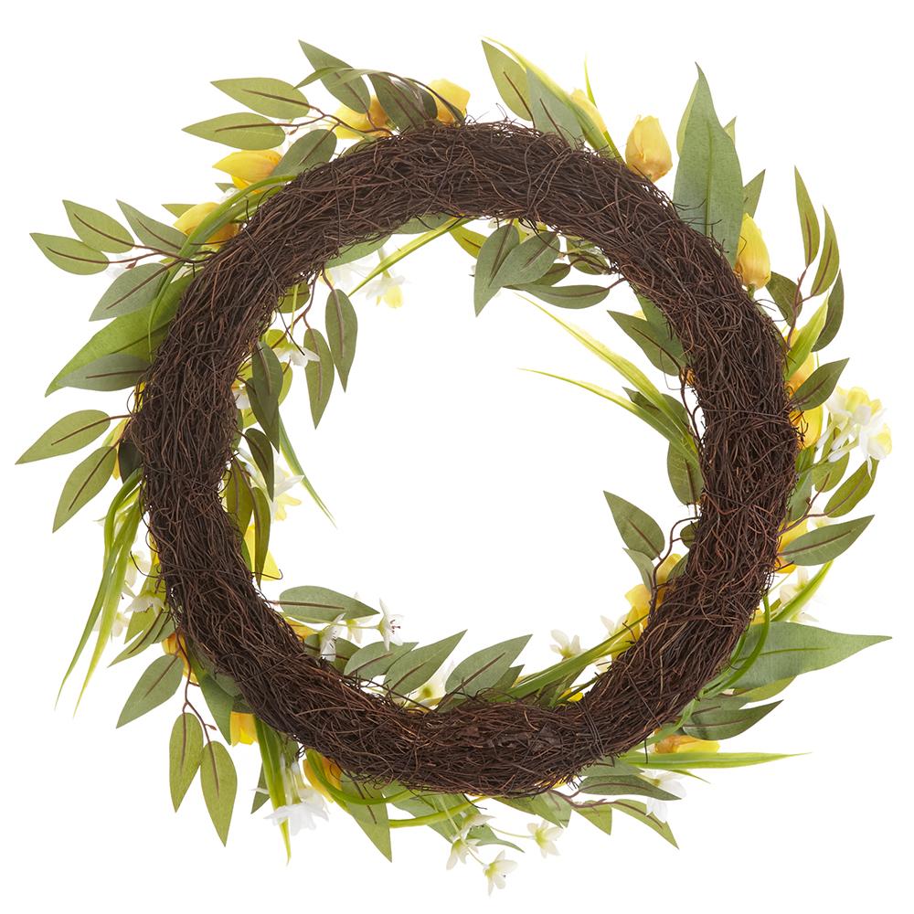 24" Tulip & Narcissus & Twig Silk Flower Wreath -Yellow/Cream (Pack of 4) - Image 2