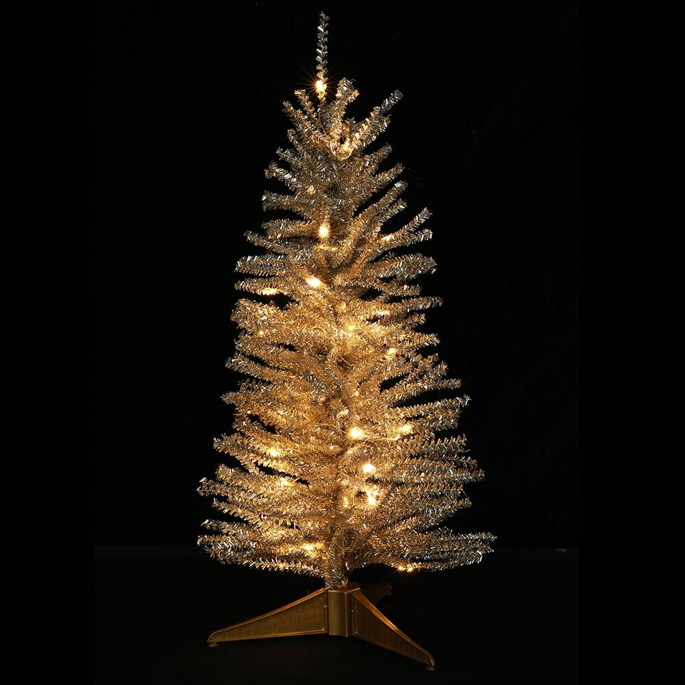 24"Hx11"W Tinsel Artificial Christmas Tree, Battery Micro LED Pre-Lit -Platinum (Pack of 6) - Image 2