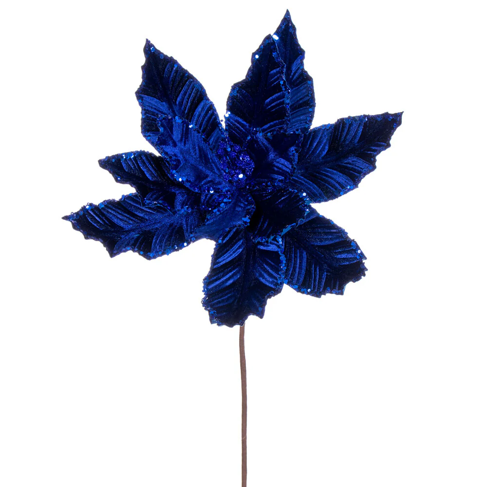 24"Hx13"W Sequin Velvet Artificial Poinsettia Flower Stem -Blue (Pack of 12)