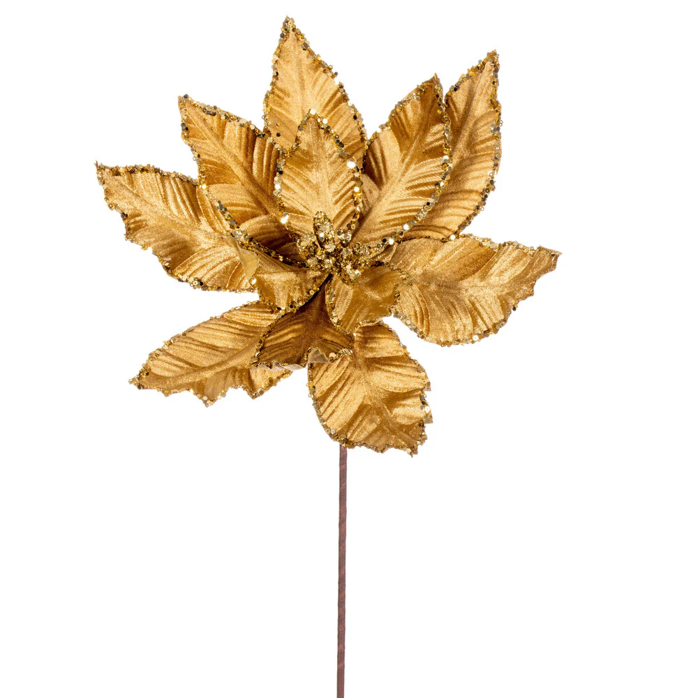 24"Hx13"W Sequin Velvet Artificial Poinsettia Flower Stem -Gold (Pack of 12)