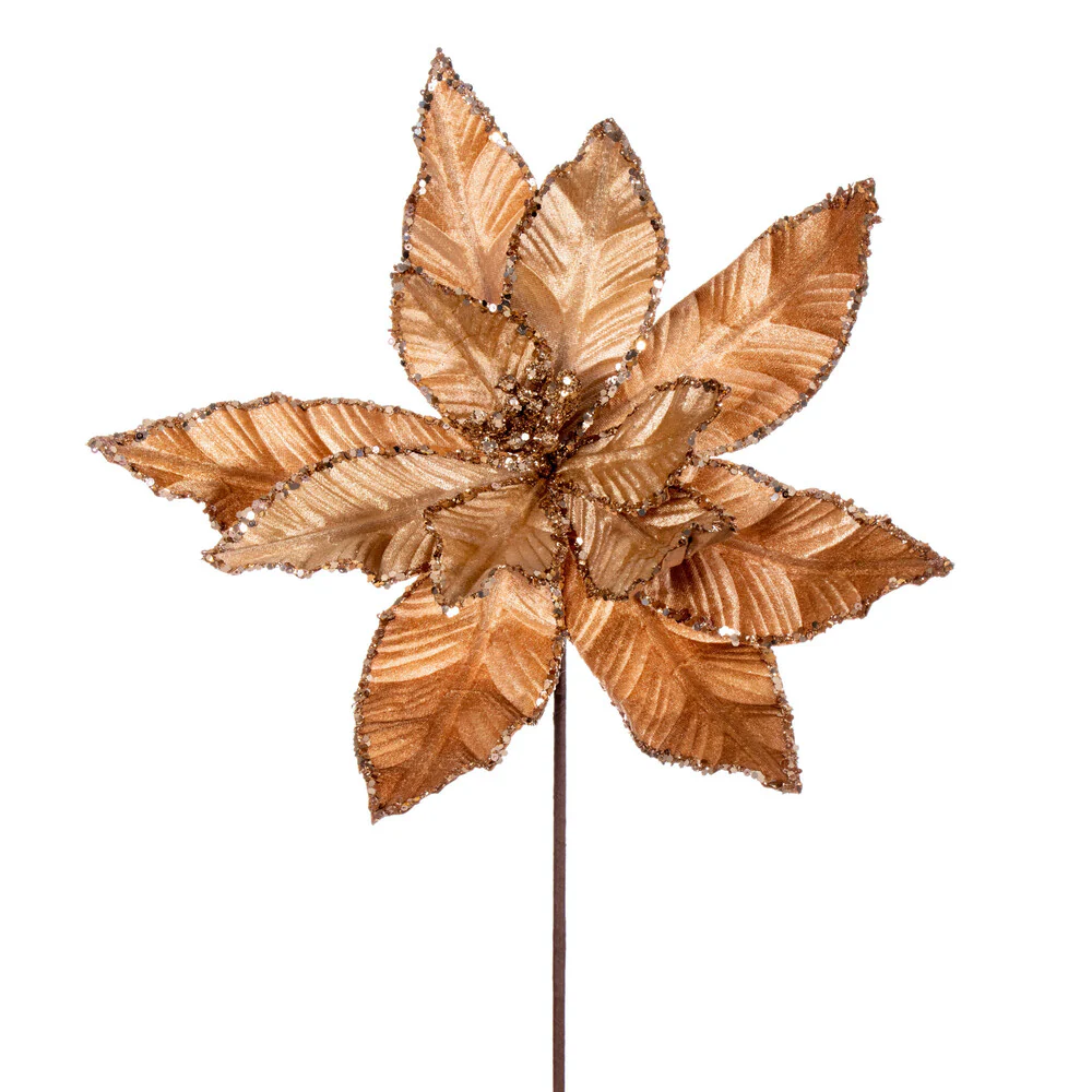 24"Hx13"W Sequin Velvet Artificial Poinsettia Flower Stem -Mocha (Pack of 12)