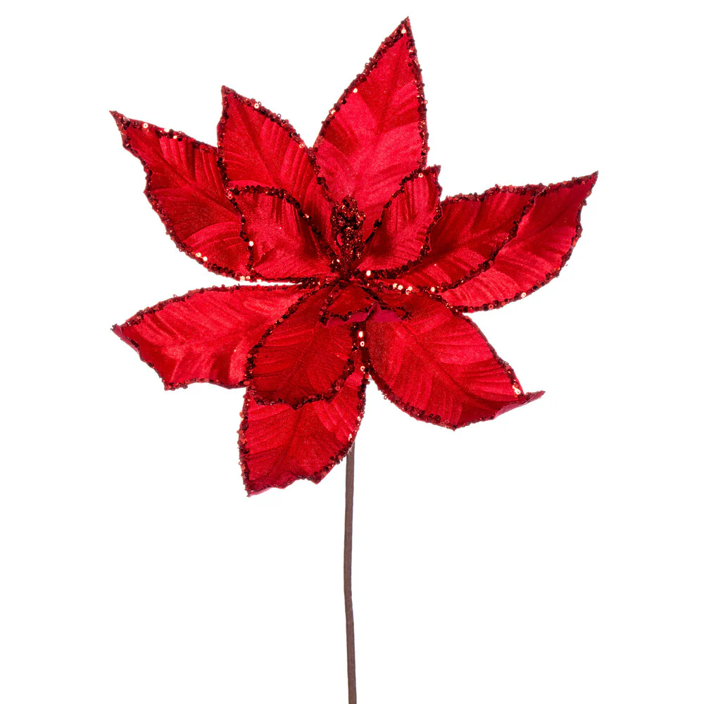 24"Hx13"W Sequin Velvet Artificial Poinsettia Flower Stem -Red (Pack of 12)
