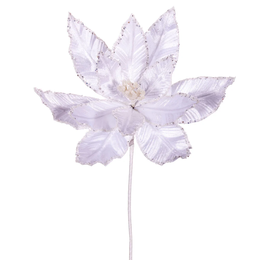24"Hx13"W Sequin Velvet Artificial Poinsettia Flower Stem -White (Pack of 12)