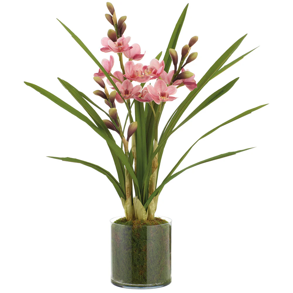 25.5" Cymbidium Orchid Artificial Flower Arrangement w/Clear Plastic Pot -Peach/Pink (Pack of 2)