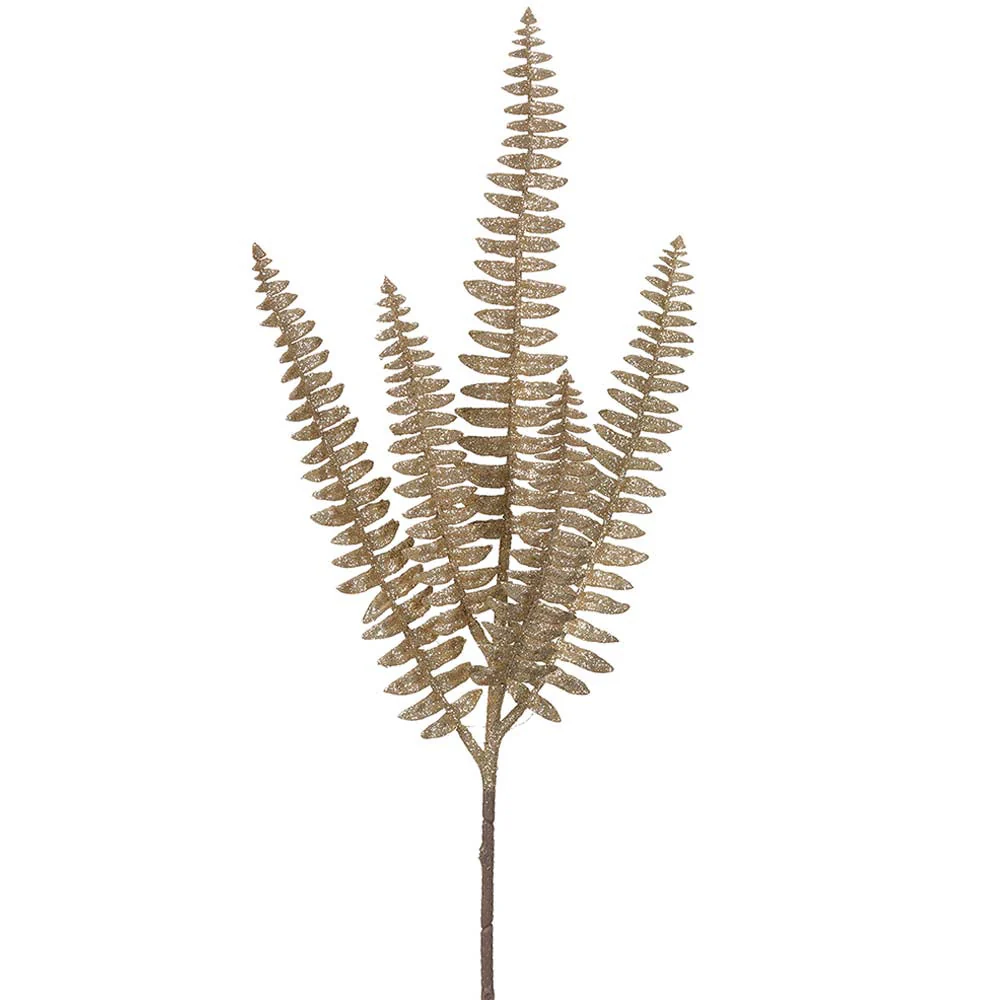 25" Glittered Artificial Fern Leaf Stem -Gold (Pack of 8)