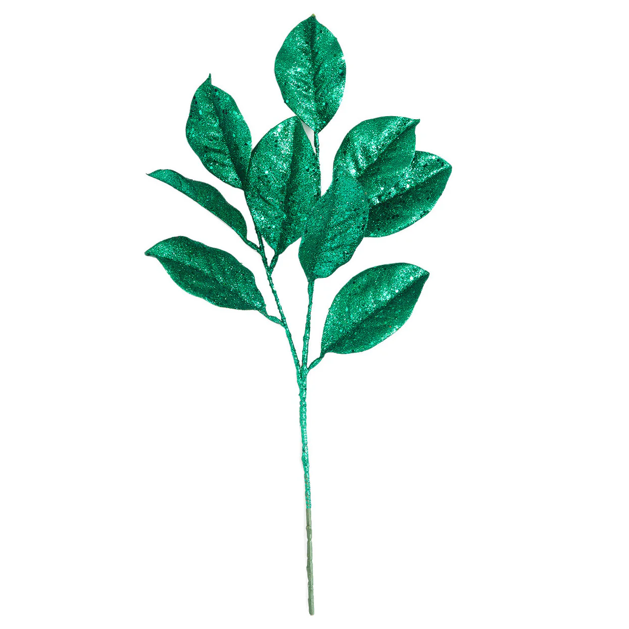 25" Glittered Artificial Magnolia Leaf Stem -Emerald Green (Pack of 12)