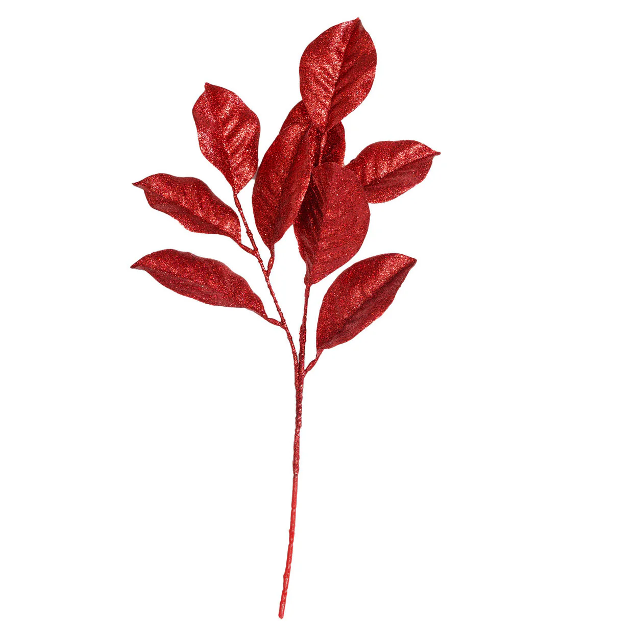 25" Glittered Artificial Magnolia Leaf Stem -Red (Pack of 12)