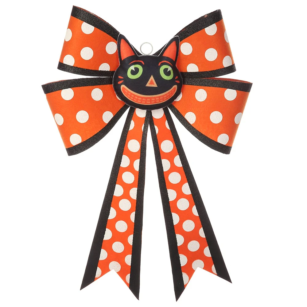 25" Halloween Polkadot Bow Wall Decor With Cat -Orange/Black (Pack of 6)