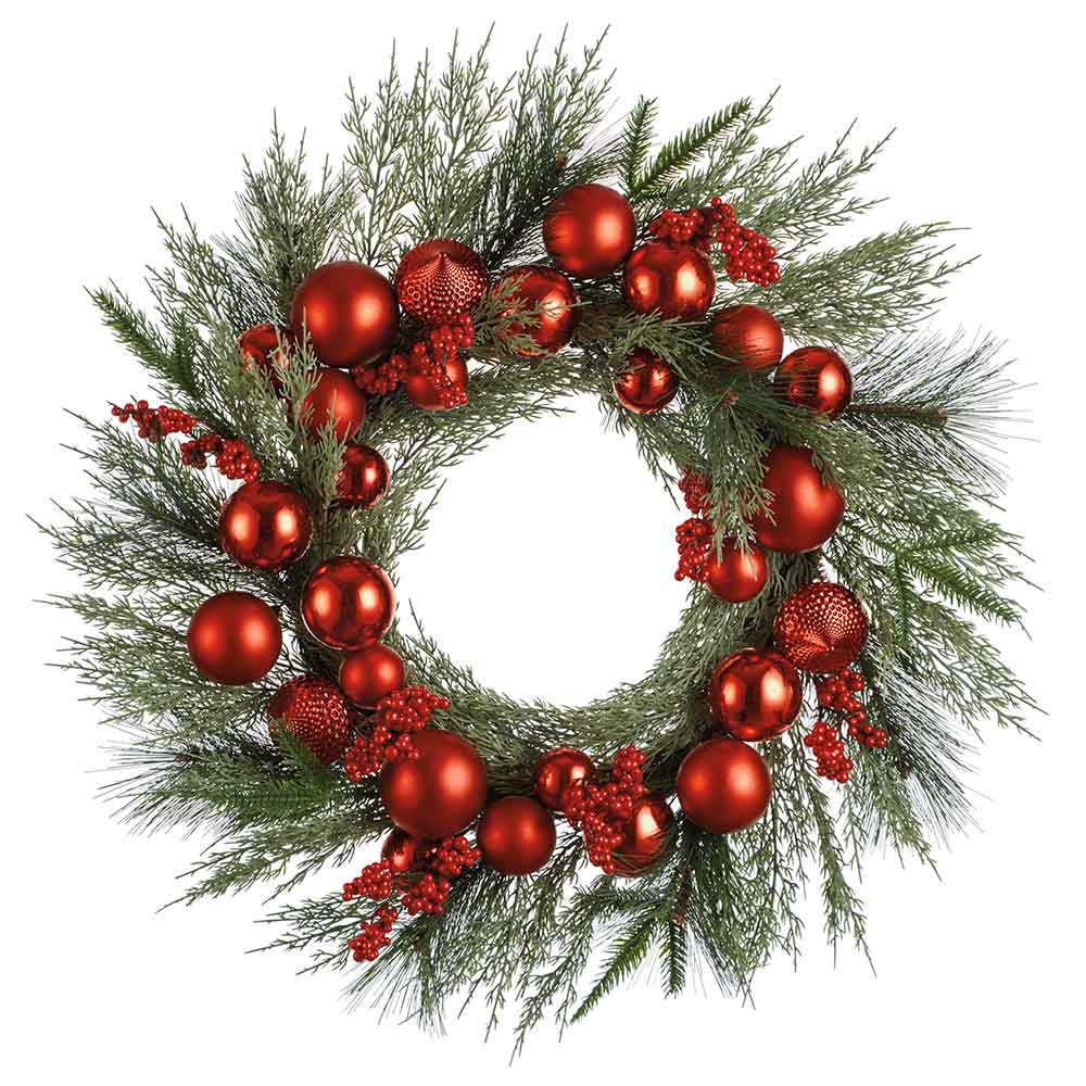 26" Artificial Ball, Berry & Pine Wreath -Red/Green (Pack of 4)