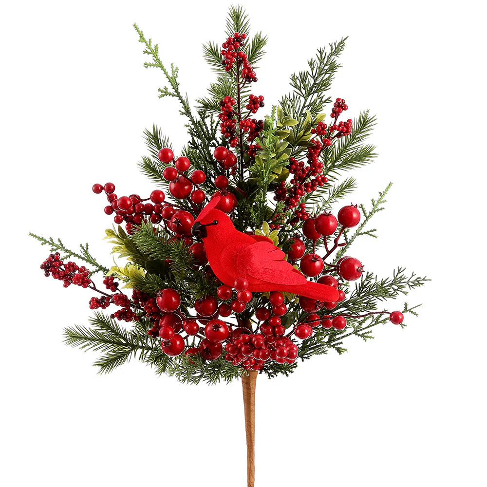 26" Artificial Cardinal, Berry & Pine Stem -Red/Green (Pack of 4)