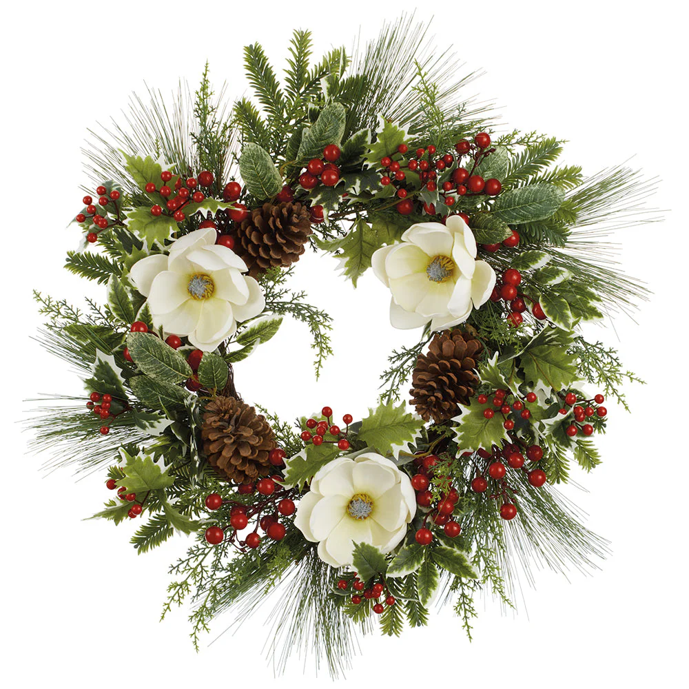 26" Artificial Magnolia Flower, Berry, Holly & Pine Wreath -White/Red (Pack of 6)