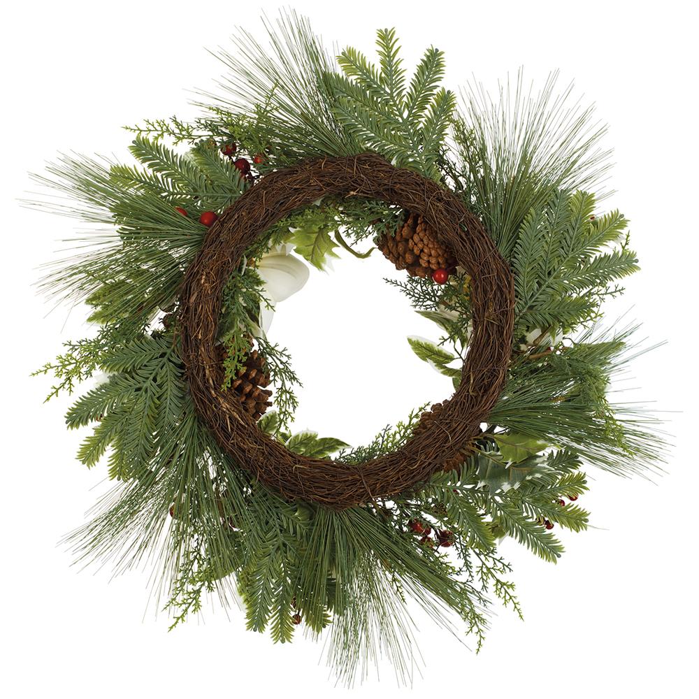 26" Artificial Magnolia Flower, Berry, Holly & Pine Wreath -White/Red (Pack of 6) - Image 2