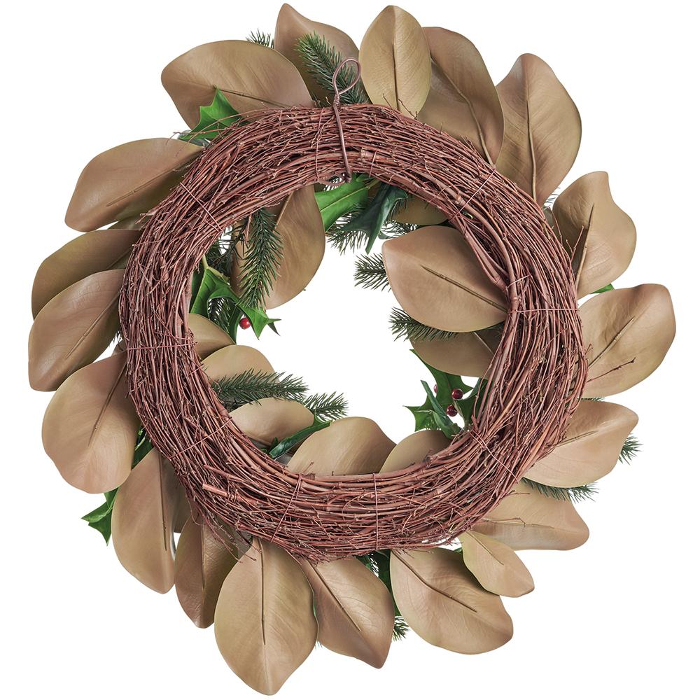 26" Artificial Magnolia Leaf, Holly & Pine Wreath -Green/Red (Pack of 2) - Image 2