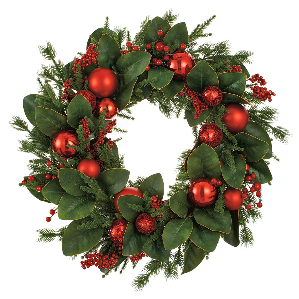 26" Artificial Ornament Ball, Berry, Magnolia Leaf & Pine Wreath -Red/Green (Pack of 4)
