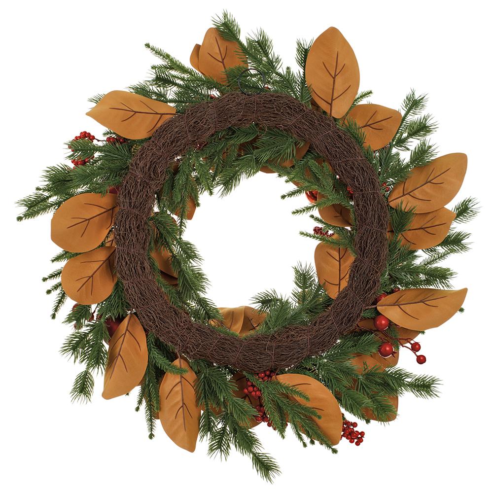 26" Artificial Ornament Ball, Berry, Magnolia Leaf & Pine Wreath -Red/Green (Pack of 4) - Image 2
