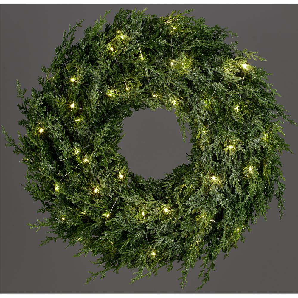 26" Flocked Artificial Cedar Wreath, Battery LED Pre-Lit -Green/White - Image 2