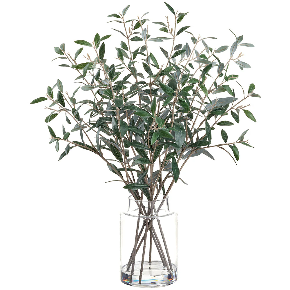 26" Olive Leaf Silk Arrangement w/Glass Vase -Green