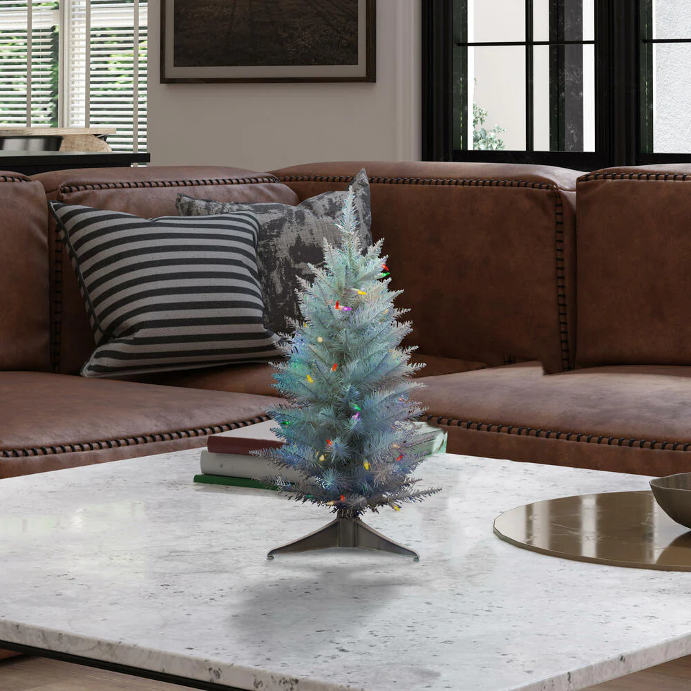2'6"Hx17"W Pencil Sparkle White Spruce Artificial Christmas Tree, LED Pre-Lit (Multicolor) -White - Image 5
